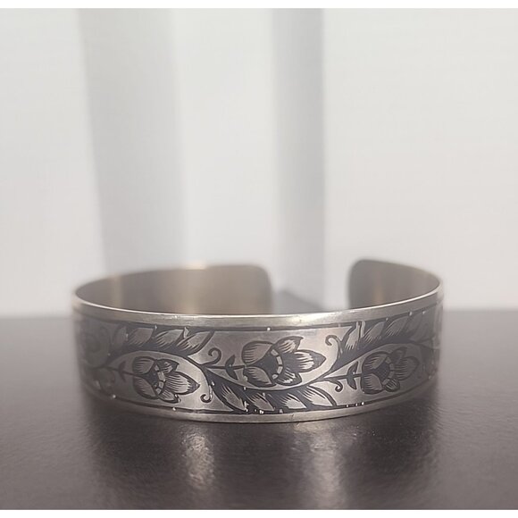 Vintage Soviet era 875 Sterling Silver Cuff Bracelet Niello Floral Design russia - Picture 1 of 9